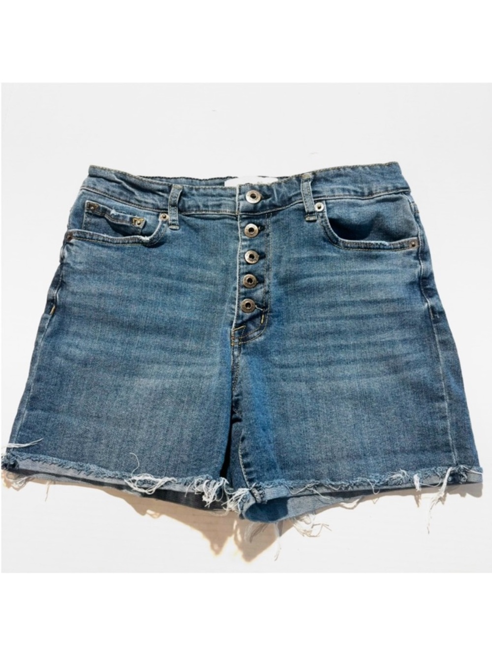 Ella Moss Cuffed Midi Denim Shorts Exposed Button Fly Stretchy Women’s Size 28